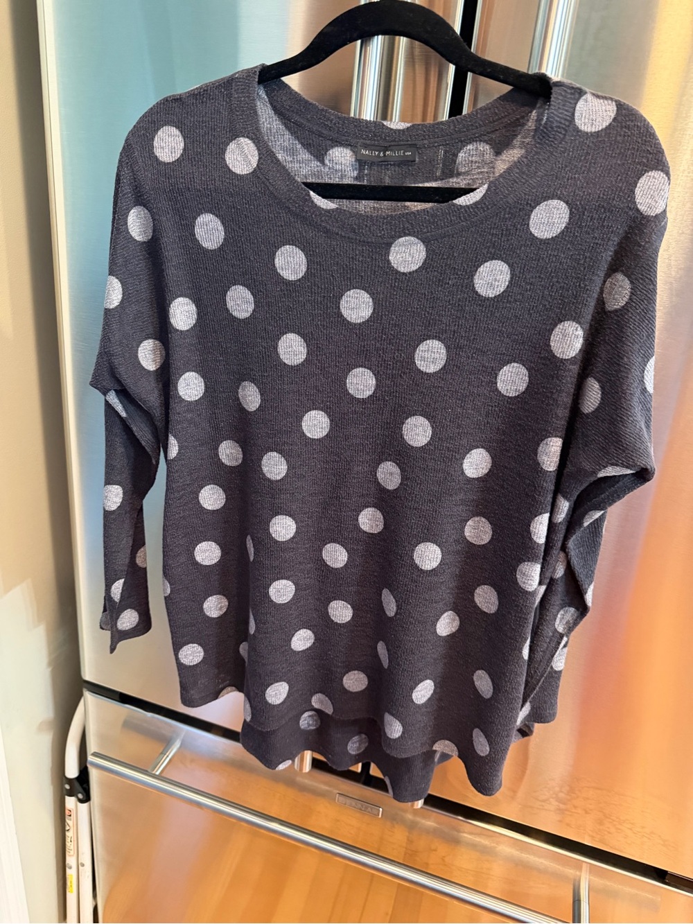 Nally & Millie Charcoal Crewneck Sweater with Light Gray Polka Dots